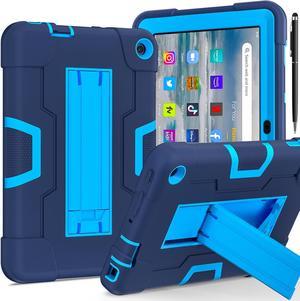 BONAEVER Case for Amazon Fire 7 12th Gen 2022 Release with Kickstand, Heavy Duty Shockproof Protective Cover with Stylus Pen Navy Blue