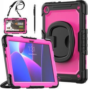 BONAEVER Case for Lenovo Tab M10 3rd Gen 10.1 inch 2022 Model TB-328F with Screen Protector Shockproof Protective Cover with Pen Holder Stand and Shoulder Strap Stylus Pen Rose Red