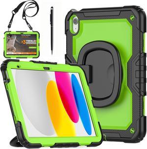 BONAEVER Case for iPad 10th Generation 10.9 Inch 2022, Sturdy Heavy Duty Full-Body Shockproof Protective Cover with Screen Protector, Rotating Stand, Hand/Shoulder Strap, Stylus Pen Green