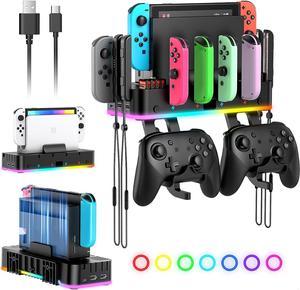 BONAEVER RGB Switch Wall Mount with Joy-Con Charger, Switch Holder for Nintendo Switch / OLED with Switch Organizer, Switch Accessories with 15 Light Mode 4 Controller Charger, 2 USB Port 10 Card Slot