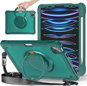 BONAEVER For iPad Air 13 inch 2024 (M2), iPad Pro 12.9 inch 2022 6th 2021 5th 2020 4th 2018 Shockproof Cover with Pencil Holder, Rotatable Stand, Shoulder Strap Dark Green
