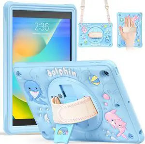BONAEVER Kids Case for iPad 9th 8th 7th Gen 10.2 inch 2021 2020 2019 with Portable Hybrid ShockProof Cover with Hand/Shoulder Strap, Rotating Stand, Pencil Holder Blue