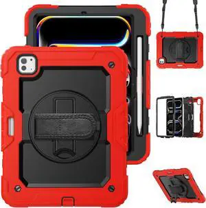 BONAEVER for iPad Pro 11 Inch Case 2024 M4 2024 5th Generation A2836/A2837/A3006 Protective Cover with Built-in Screen Protector, 360° Rotating Stand, Adjustable Shoulder Strap, Pencil Holder Red