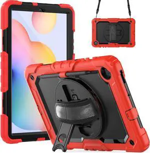 BONAEVER Case for Samsung Galaxy Tab S6 Lite 10.4 inch 2024/2022/2020 SM-P620/P625/P627/P610/P615/P613/P619, Shockproof Protective Cover with Screen Protector, Rotating Stand, Hand/Shoulder Strap Red