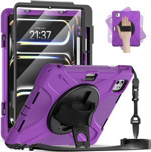 Case for iPad Pro 11 Inch M4 2024 5th Generation A2836/A2837/A3006 with Built-in Screen Protector, 360° Rotating Stand, Adjustable Shoulder Strap, Precise Cutouts, Pencil Holder Purple