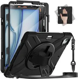 Case for iPad Air 13 inch M3 2025 M2 2024 and iPad Pro 12.9 2022 - 2018 6th/5th/4th/3rd Gen with Built-in Screen Protector, 360° Rotating Stand, Adjustable Shoulder Strap, Pencil Holder
