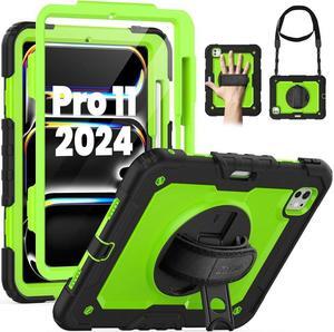 BONAEVER for iPad Pro 11 Inch Case 2024 M4 2024 5th Generation A2836/A2837/A3006 Protective Cover with Built-in Screen Protector, 360° Rotating Stand, Adjustable Shoulder Strap, Pencil Holder Green