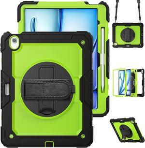 Case for iPad Air 13 inch M2 2024 Model A2898/A2899/A2900 with Built-in Screen Protector, 360° Rotating Stand, Adjustable Shoulder Strap, Pencil Holder Green