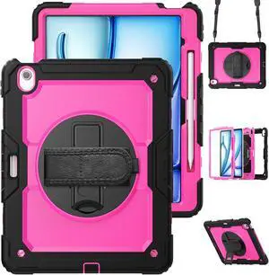 Case for iPad Air 13 inch M3 2025 / M2 2024 with Built-in Screen Protector, 360° Rotating Stand, Adjustable Shoulder Strap, Pencil Holder Rose Red
