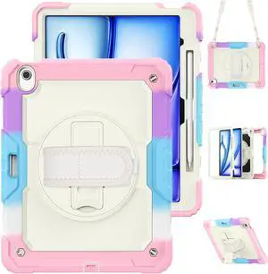 Case for iPad Air 13 inch M3 2025 / M2 2024 with Built-in Screen Protector, 360° Rotating Stand, Adjustable Shoulder Strap, Pencil Holder Pink