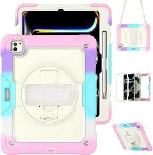 Case for iPad Pro 13 Inch M4 2024 7th Generation A2925 A2926 A3007 with Built-in Screen Protector, 360° Rotating Stand, Adjustable Shoulder Strap, Pencil Holder Pink