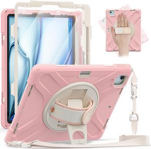 Case for iPad Air 13 inch M3 2025 M2 2024 and iPad Pro 12.9 2022 - 2018 6th/5th/4th/3rd Gen with Built-in Screen Protector, 360° Rotating Stand, Adjustable Shoulder Strap, Pencil Holder, Pink