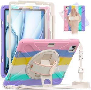 Case for iPad Air 13 inch M3 2025 M2 2024 and iPad Pro 12.9 2022 - 2018 6th/5th/4th/3rd Gen with Built-in Screen Protector, 360° Rotating Stand, Adjustable Shoulder Strap, Pencil Holder Pink/White