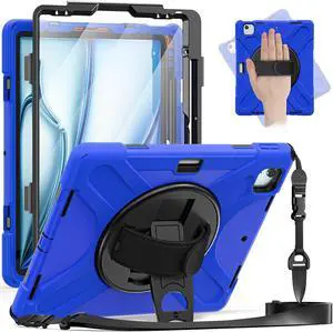 Case for iPad Air 13 inch M3 2025 M2 2024 and iPad Pro 12.9 2022 - 2018 6th/5th/4th/3rd Gen with Built-in Screen Protector, 360° Rotating Stand, Adjustable Shoulder Strap, Pencil Holder Blue