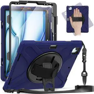 Case for iPad Air 13 inch M3 2025 M2 2024 and iPad Pro 12.9 2022 - 2018 6th/5th/4th/3rd Gen with Built-in Screen Protector, 360° Rotating Stand, Adjustable Shoulder Strap, Pencil Holder Navy Blue