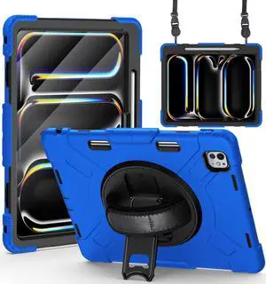 BONAEVER Case for iPad Pro 13 Inch M4 2024 7th Generation with Built-in Screen Protector, 360° Rotating Stand, Adjustable Shoulder Strap, Precise Cutouts, Pencil Holder Blue