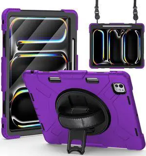 BONAEVER Case for iPad Pro 13 Inch M4 2024 7th Generation with Built-in Screen Protector, 360° Rotating Stand, Adjustable Shoulder Strap, Precise Cutouts, Pencil Holder Purple
