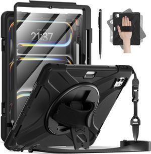 BONAEVER Case for iPad Pro 13 Inch M4 2024 7th Generation with Built-in Screen Protector, 360° Rotating Stand, Adjustable Shoulder Strap, Stylus Pen, Pencil Holder Black