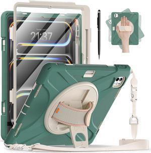 BONAEVER Case for iPad Pro 13 Inch M4 2024 7th Generation with Built-in Screen Protector, 360° Rotating Stand, Adjustable Shoulder Strap, Stylus Pen, Pencil Holder Dark Green