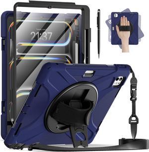 BONAEVER Case for iPad Pro 13 Inch M4 2024 7th Generation with Built-in Screen Protector, 360° Rotating Stand, Adjustable Shoulder Strap, Stylus Pen, Pencil Holder Navy Blue