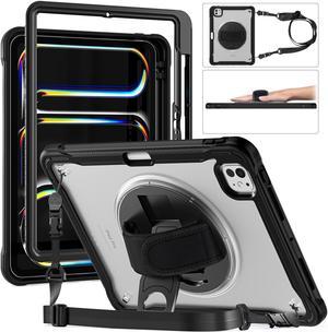 BONAEVER Case for iPad Pro 11 Inch M4 2024 5th Gen Heavy Duty Rugged Shockproof Cover with 360° Rotating Hand Strap Foldable Stand & Shoulder Strap, Pencil Holder Clear