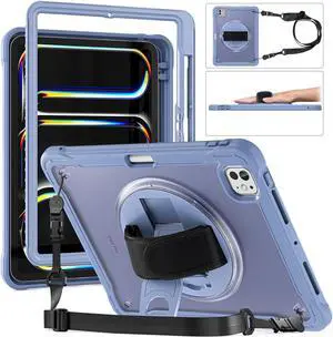 BONAEVER Case for iPad Pro 11 Inch M4 2024 5th Gen Heavy Duty Rugged Shockproof Cover with 360° Rotating Hand Strap Foldable Stand & Shoulder Strap, Pencil Holder Purple