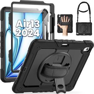 Case for iPad Air 13 inch M2 2024 Model A2898/A2899/A2900 with Built-in Screen Protector, 360° Rotating Stand, Adjustable Shoulder Strap, Pencil Holder