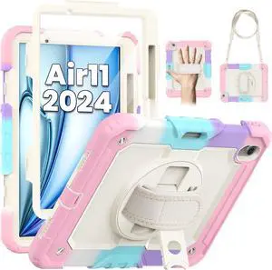 BONAEVER Case for iPad Air 11 inch 7th 6th Generation M3 M2 2025 2024, Heavy Duty Shockproof Protective Cover with Screen Protector, Stand and Hand/Shoulder Strap Pink