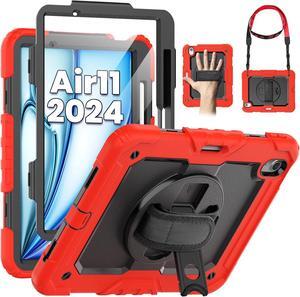 BONAEVER Case for iPad Air 11 inch 6th Generation M2 2024, Heavy Duty Shockproof Protective Cover with Screen Protector, Stand and Hand/Shoulder Strap for iPad Air 6th Generation Red