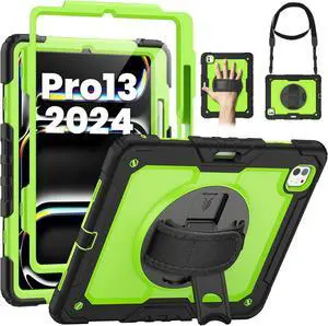 Case for iPad Pro 13 Inch M4 2024 7th Generation A2925 A2926 A3007 with Built-in Screen Protector, 360° Rotating Stand, Adjustable Shoulder Strap, Pencil Holder Green