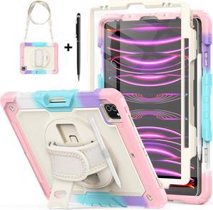 BONAEVER Case for iPad Pro 12.9 inch 2022 2021 2020 2018 Shockproof Cover with Screen Protector Pen Holder Stand and Shoulder Strap Stylus Pen Pink