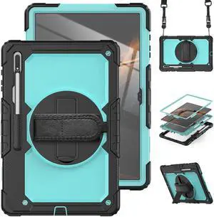 BONAEVER For Samsung Galaxy Tab S10 Ultra / S9 Ultra / S8 Ultra 14.6 inch Case with S Pen Holder Rugged Shockproof Protective Cover with Rotating Stand and & Shoulder Strap, Stylus Pen Light Blue