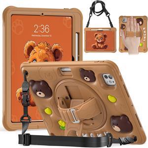 BONAEVER Case for iPad Pro 11 Inch 2024 5th Generation M4 with 360 Rotating Stand / Hand Strap / Shoulder Strap with 360 Rotating Stand+Hand Strap, Cute Soft Shockproof Cover for Kids Boys Brown