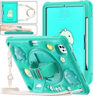 BONAEVER Case for iPad Pro 11 Inch 2024 5th Generation M4 with 360 Rotating Stand / Hand Strap / Shoulder Strap with 360 Rotating Stand+Hand Strap, Cute Soft Shockproof Cover for Kids Boys Green