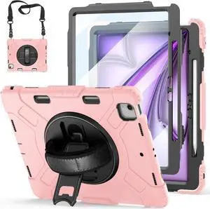 BONAEVER Case for iPad Air 13 Inch Case M3 2025 M2 2024, Rugged iPad Pro 12.9 6th/5th/4th/3rd Generation Case with Screen Protector/Kickstand/Handle Grip/Shoulder Strap/Pencil Holder Pink
