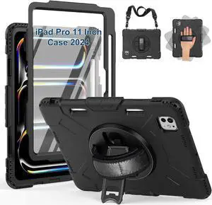 BONAEVER Case for iPad Pro 11 M4 2024 Model A2836 A2837 A3006 Protective Cover for iPad Pro 11 Inch 5th Generation with Built-in Screen Protector, 360° Rotating Stand, Shoulder Strap, Pencil Holder