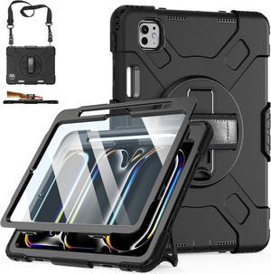 BONAEVER Case for iPad Pro 11 Inch 5th Generation 2024 Model A2836 A2837 A3006 with Built-in Screen Protector, 360° Rotating Stand, Adjustable Shoulder Strap, Pencil Holder