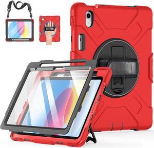 BONAEVER Case for iPad 10th Generation 2022 A2757 A2777 A2696 Protective Cover with Screen Protector/Pencil Holder/Rotating Stand/Hand Strap/Shoulder Strap Red