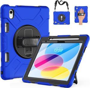 BONAEVER Case for iPad 10th Generation 2022 A2757 A2777 A2696 Protective Cover with Screen Protector/Pencil Holder/Rotating Stand/Hand Strap/Shoulder Strap Blue