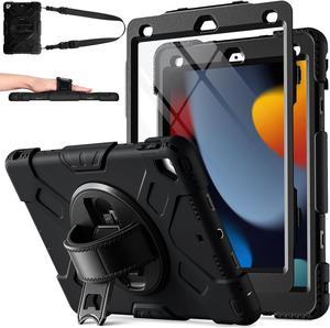 BONAEVER Case For iPad 9th 8th 7th Generation 10.2 inch with Screen Protector, Shockproof Cover for iPad 10.2 inch 2021 2020 2019 with Pencil Holder, 360° Rotating Hand Strap Kickstand Shoulder Strap