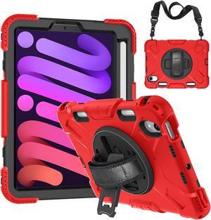 BONAEVER Case for iPad Mini 7 (A17 Pro) 2024 /  iPad Mini 6 8.3 inch 2021 Protective Cover with 360° Rotating Stand, Hand/Shoulder Strap, Pencil Holder Red