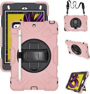 BONAEVER iPad Mini 5 Case, iPad Mini 4 Case, Protective Rugged Cover with Pencil Holder, Hand Strap, Kickstand, Shoulder Strap for iPad Mini 5th/4th Gen 7.9 Inch for Kids Rose Gold