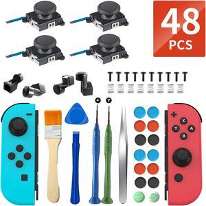 48 in 1 Joycon Joystick Replacement Kit , Switch Joystick Replacement for Switch/Switch Lite/Switch OLED, Include 4 Thumb 3D Sticks, 4 Metal Buckles, 2 Screwdrivers, Pry Tool, 14 Thumbstick Grips