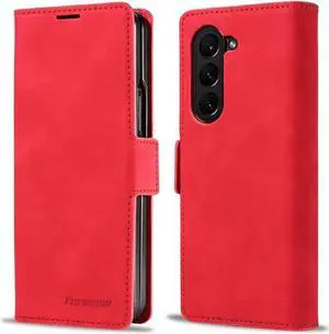 BONAEVER Case for Samsung Galaxy Z Fold 6 5G Premium PU Leather Phone Cover with Card Holder Stand, Shockproof Flip Wallet Cover Red