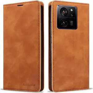 BONAEVER Case for Xiaomi 13T / 13T Pro 5G Premium PU Leather Phone Cover with Card Holder Stand, Shockproof Flip Wallet Cover Brown