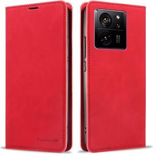 BONAEVER Case for Xiaomi 13T / 13T Pro 5G Premium PU Leather Phone Cover with Card Holder Stand, Shockproof Flip Wallet Cover Red