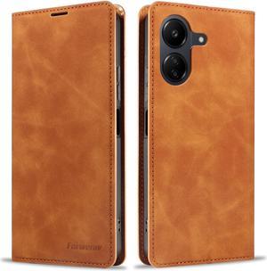 BONAEVER Case for Xiaomi Redmi 13C 4G / 5G Premium PU Leather Phone Cover with Card Holder Stand, Shockproof Flip Wallet Cover Brown