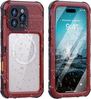 BONAEVER for iPhone 16 Pro Max 6.9 inch Waterproof Case Compatible with MagSafe, Magnetic Waterproof Metal Full Body IP68 Underwater Case Built-in Screen Protector Military Grade Shockproof Cover Red