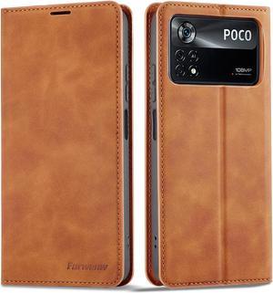 BONAEVER Case for Xiaomi Poco X4 Pro 5G Premium PU Leather Phone Cover with Card Holder Stand, Shockproof Flip Wallet Cover Brown