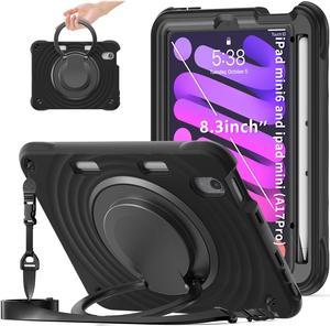 BONAEVER Shockproof Case for iPad Mini 7 (A17 Pro) 2024 / iPad Mini 6 8.3 inch 2021 Protective Cover with 360° Rotating Stand, Hand/Shoulder Strap, Pencil Holder